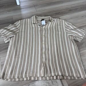 H&M Mens Regular Fit Short Sleeve Striped Button Up Shirt Beige Cream 3XL NWT